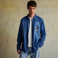 Mickey Mouse And Pluto Woven Chambray Shirt For Adults -Cheap Adult Fashion Store 2403052050009M 2